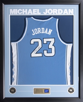 Michael Jordan Signed UNC Jersey In 35x43 Framed Display With Video Highlights (JSA)